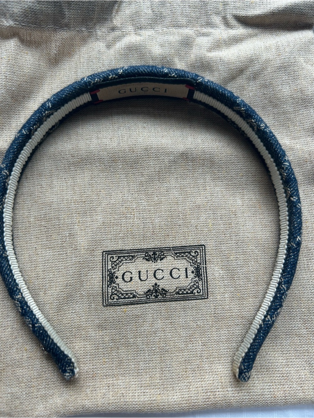 Gucci Blue Denim Logo Headband with White Trim